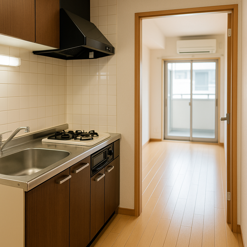 Sebuah apartemen 1DK nyaman dengan tata letak dan dekorasi fungsional.