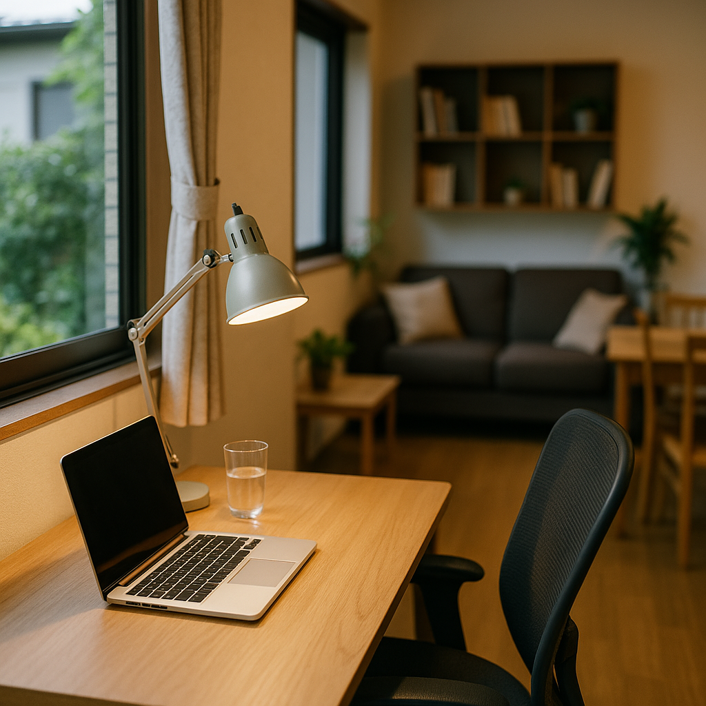 A cozy workspace in one of Fussa’s share houses with a desk and natural lighting
