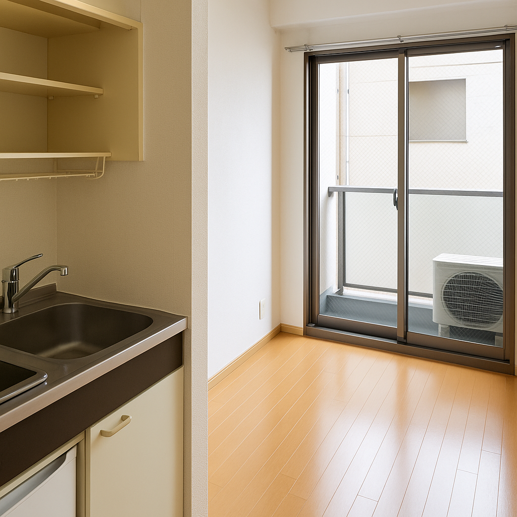 Cozy 1K apartment showing living space and kitchen area.